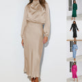 Satin Halter-Neck Long-Sleeve Evening Dress