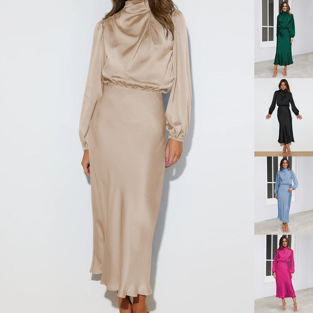 Satin Halter-Neck Long-Sleeve Evening Dress