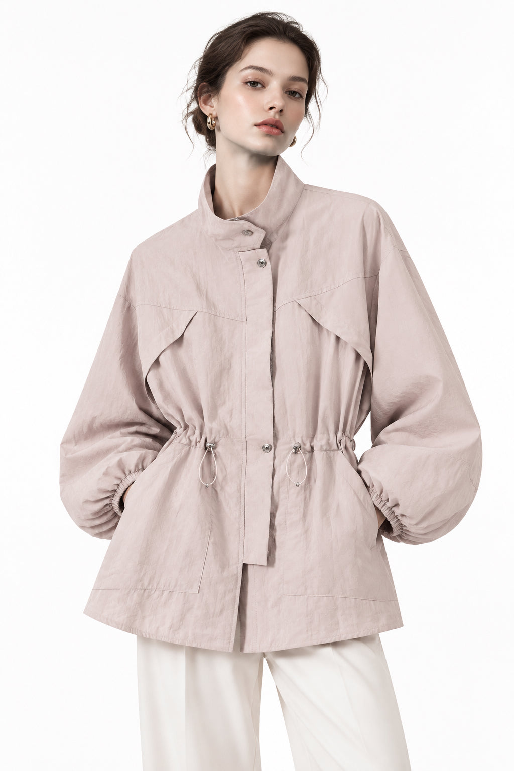 Dark Pink Drawstring-Waist Zip Jacket