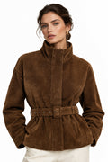 Dark Brown Belted Mock-Neck Jacket
