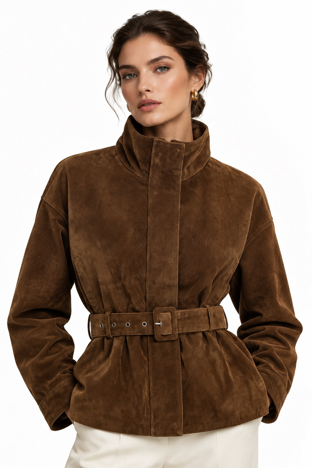 Dark Brown Belted Mock-Neck Jacket