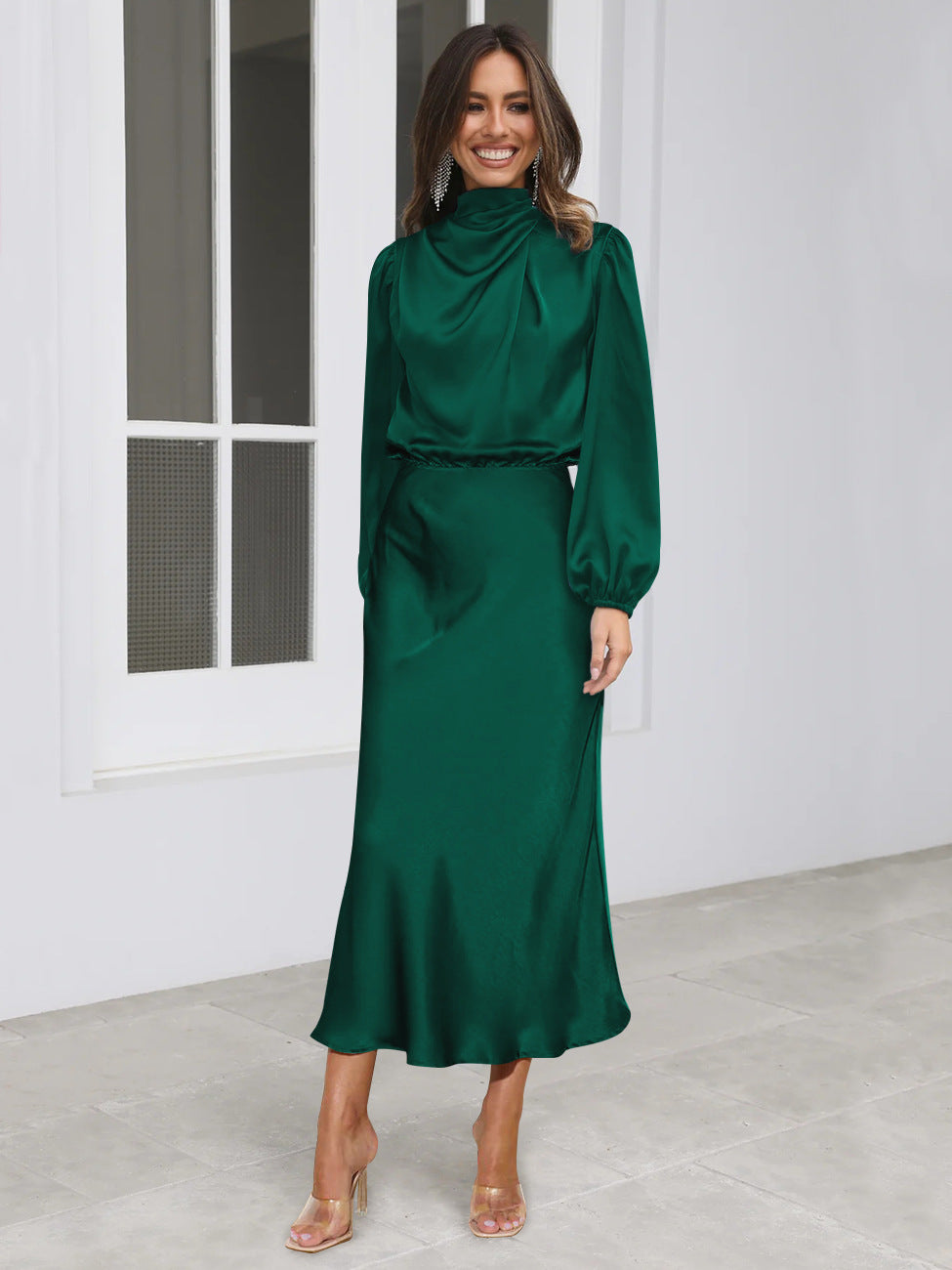 Satin Halter-Neck Long-Sleeve Evening Dress