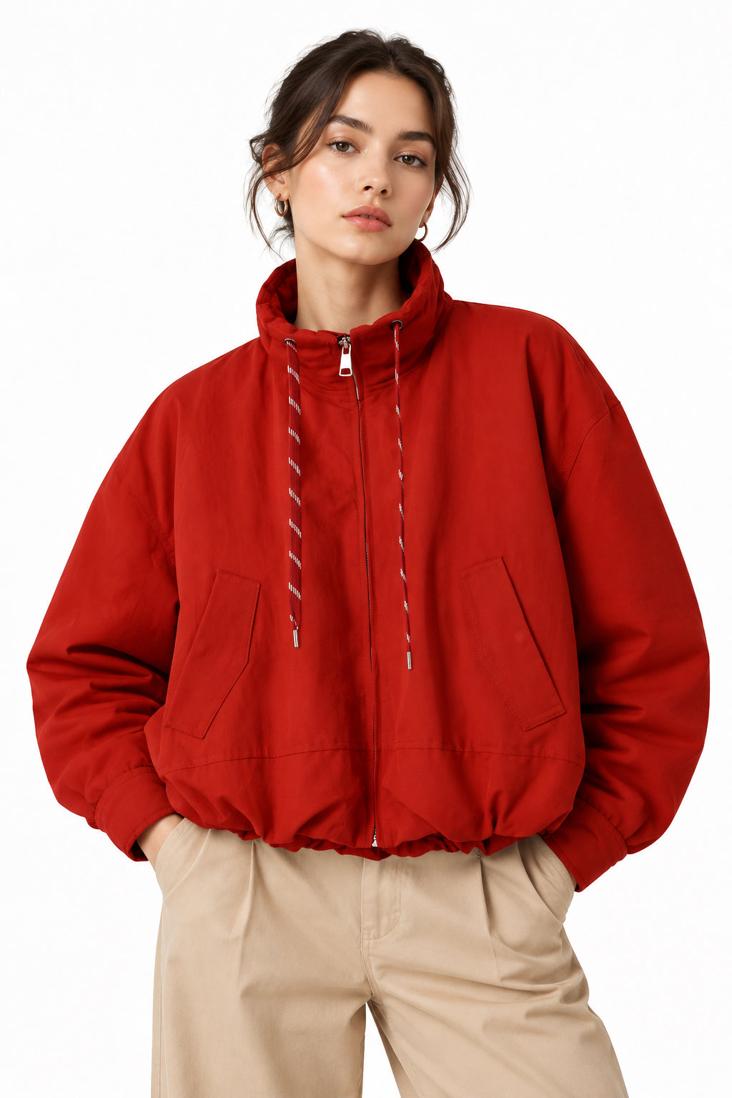 Red Relaxed Stand-Collar Zip Jacket