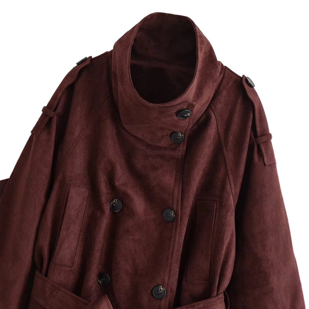 Wine Red Suede-Textured Belted Jacket