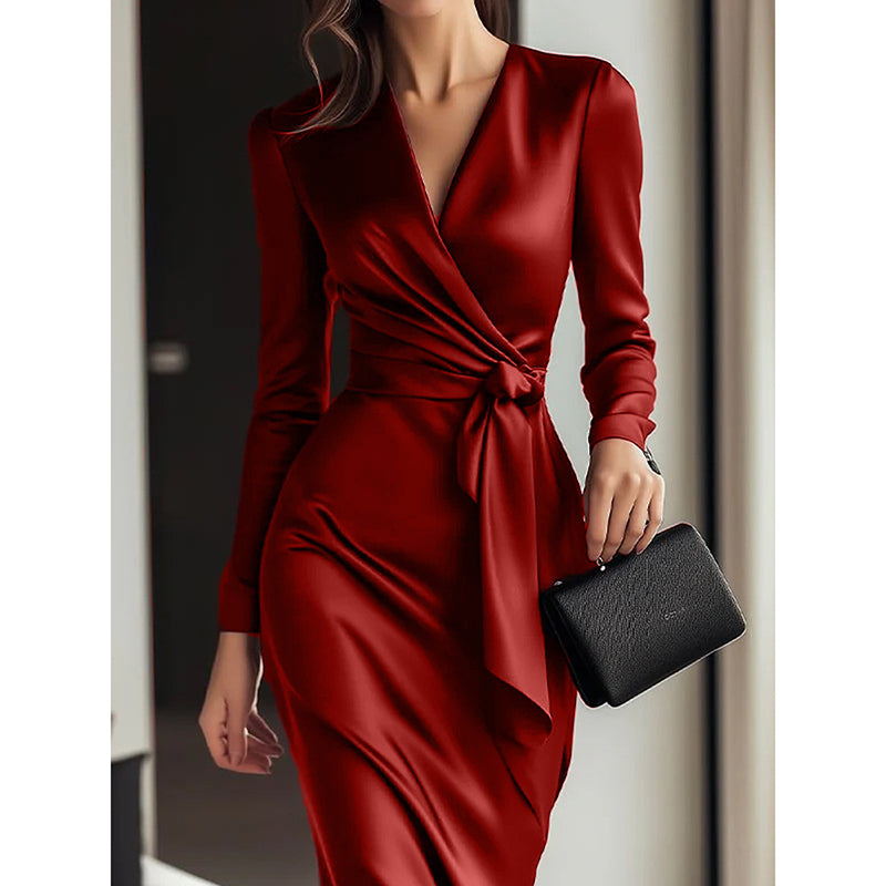 Burgundy Satin V-Neck Long-Sleeve Midi Dress