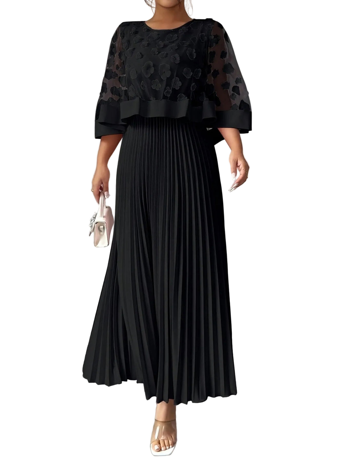 Plus-Size Mesh Cape-Detail Midi Dress