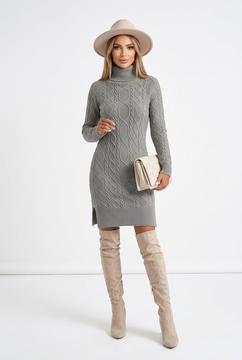 Turtleneck Knit Sweater Dress with Slit