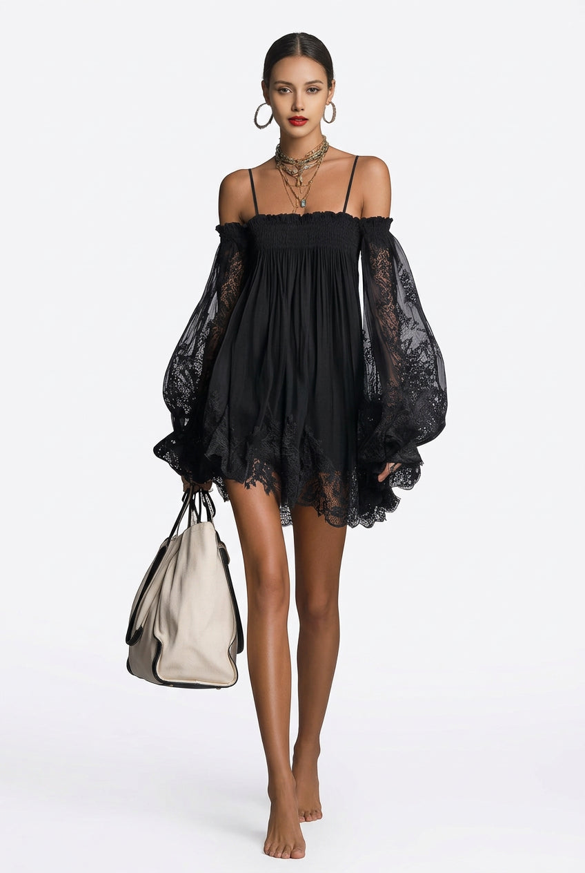 Lace-Trim Cold-Shoulder Smocked Mini Dress