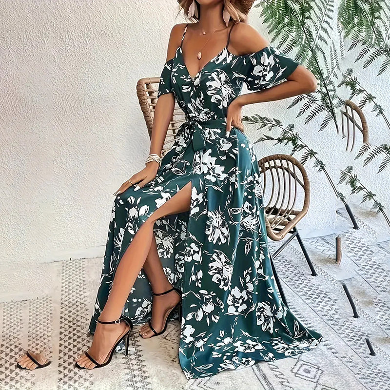 Floral Cold-Shoulder Belted Maxi Dress