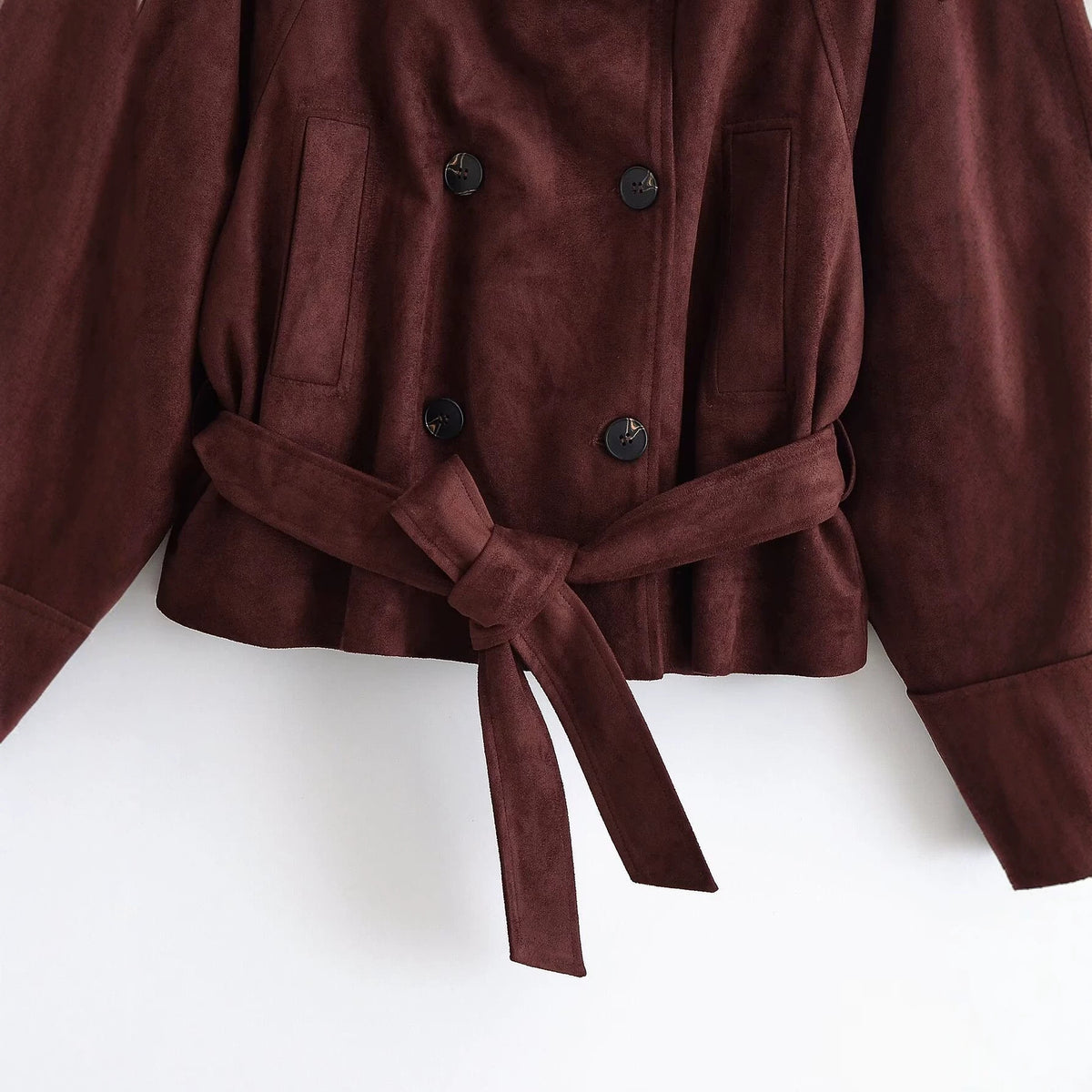 Wine Red Suede-Textured Belted Jacket