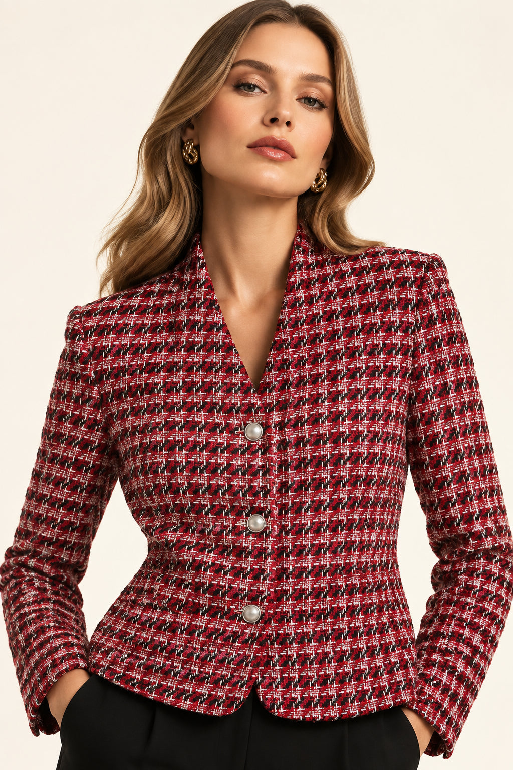 Plaid Tweed-Style Single-Breasted Blazer