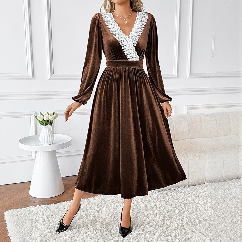 Patchwork Lace Long Sleeve V-Neck Velvet Maxi Dress