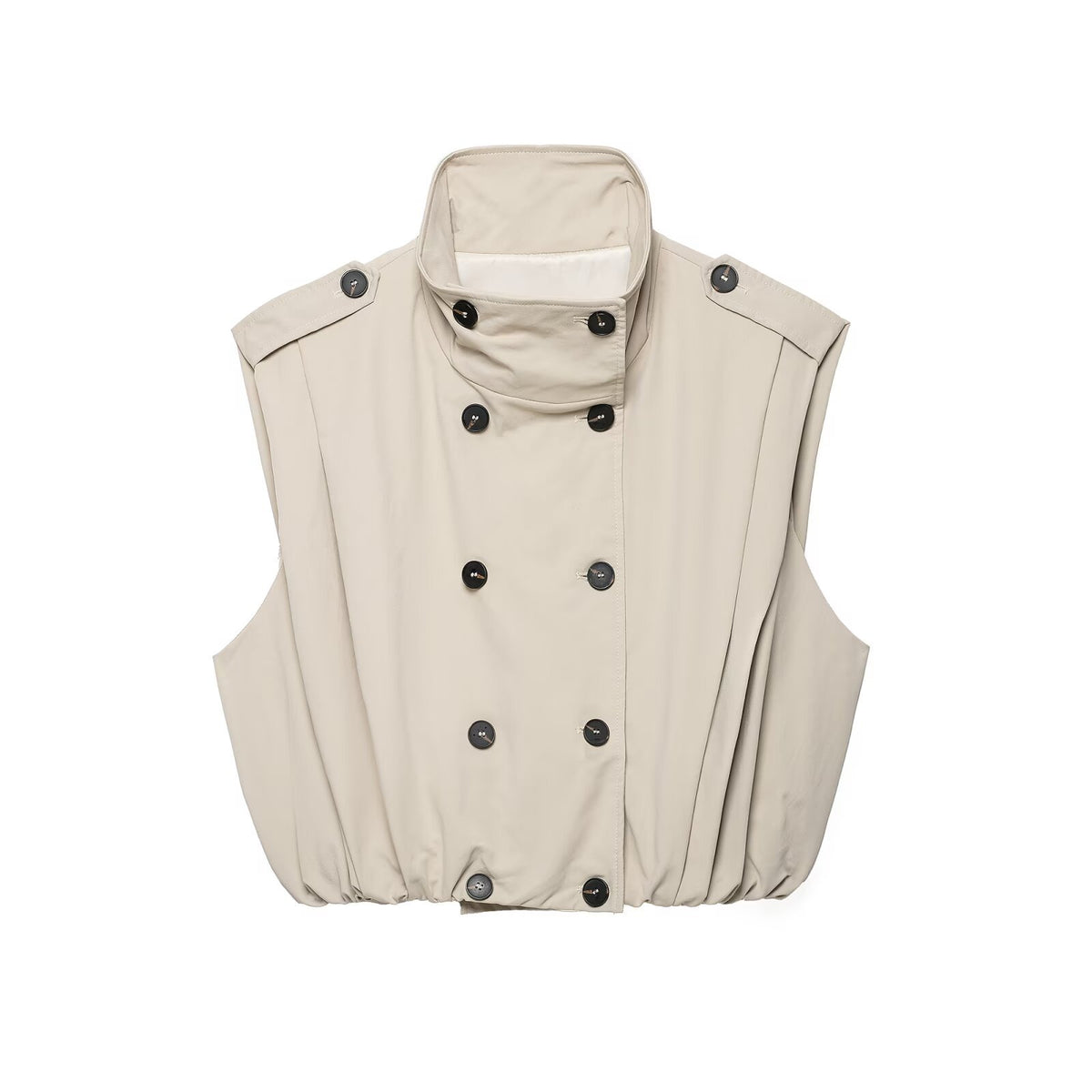 Dark Beige Double-Breasted Pleated Vest