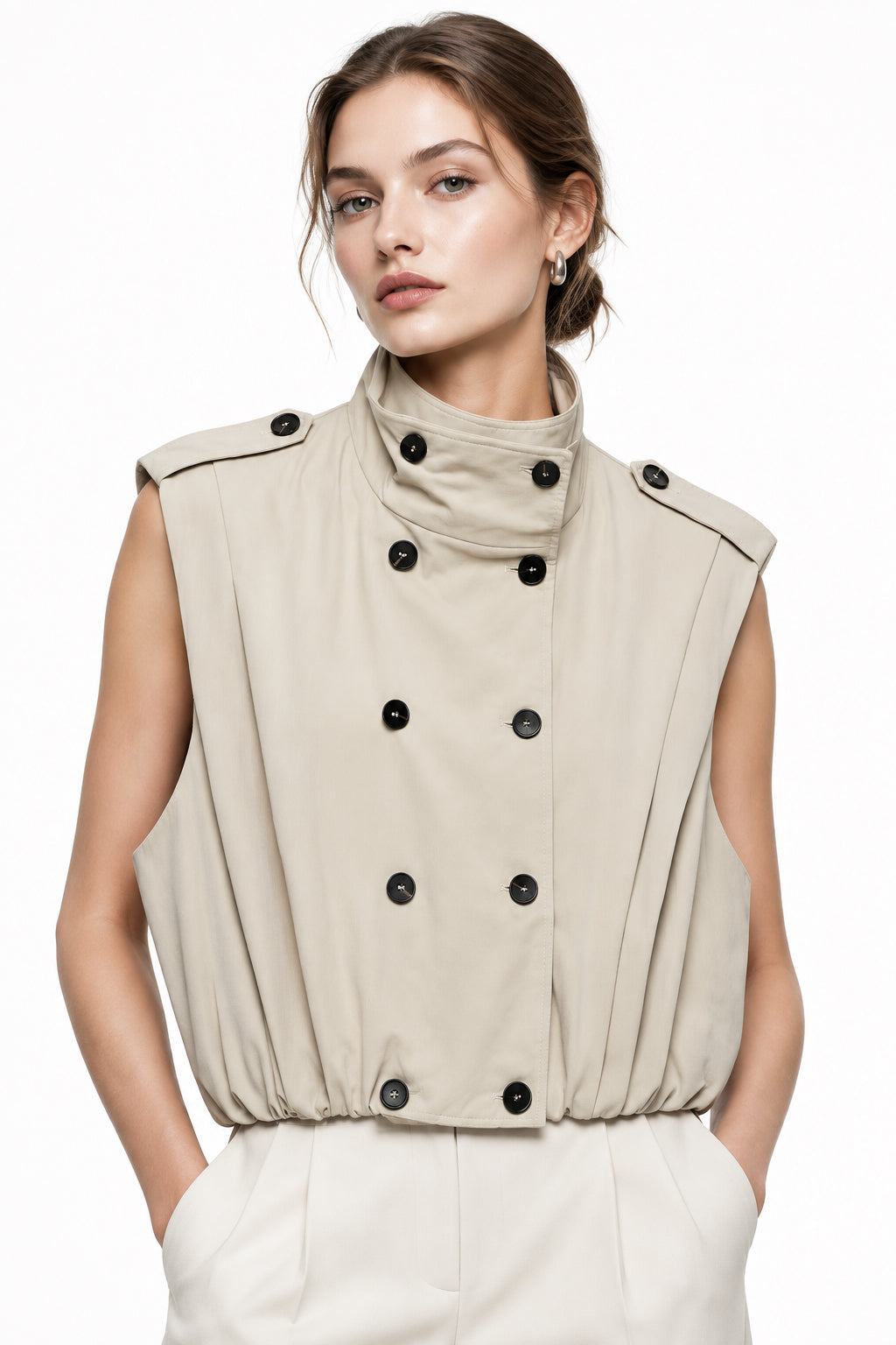 Dark Beige Double-Breasted Pleated Vest