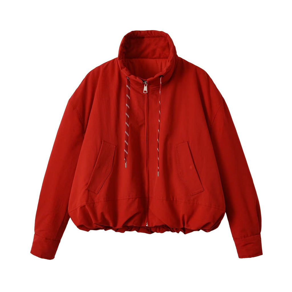 Red Relaxed Stand-Collar Zip Jacket
