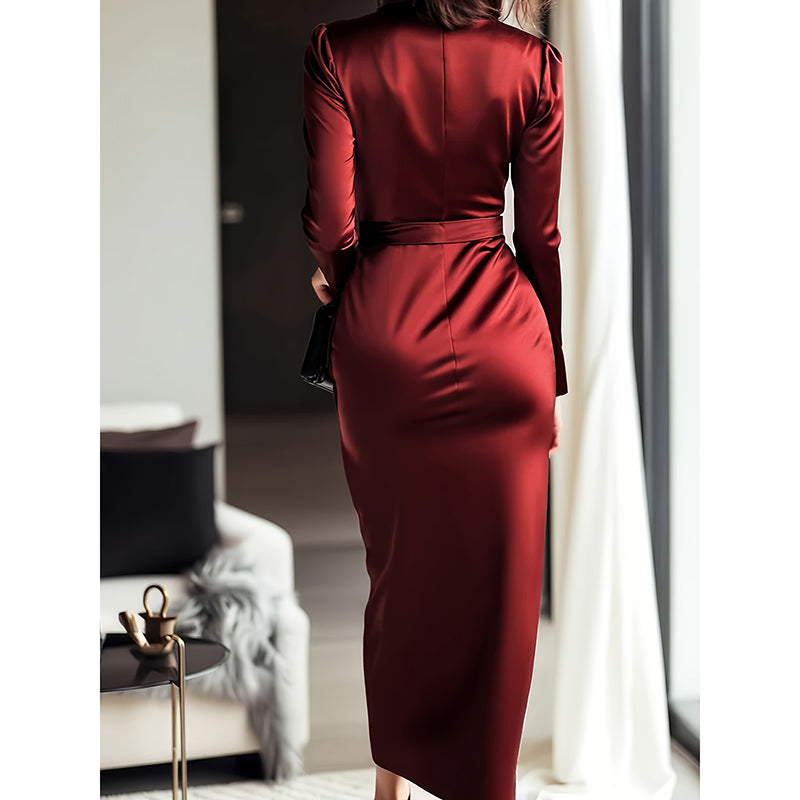 Burgundy Satin V-Neck Long-Sleeve Midi Dress