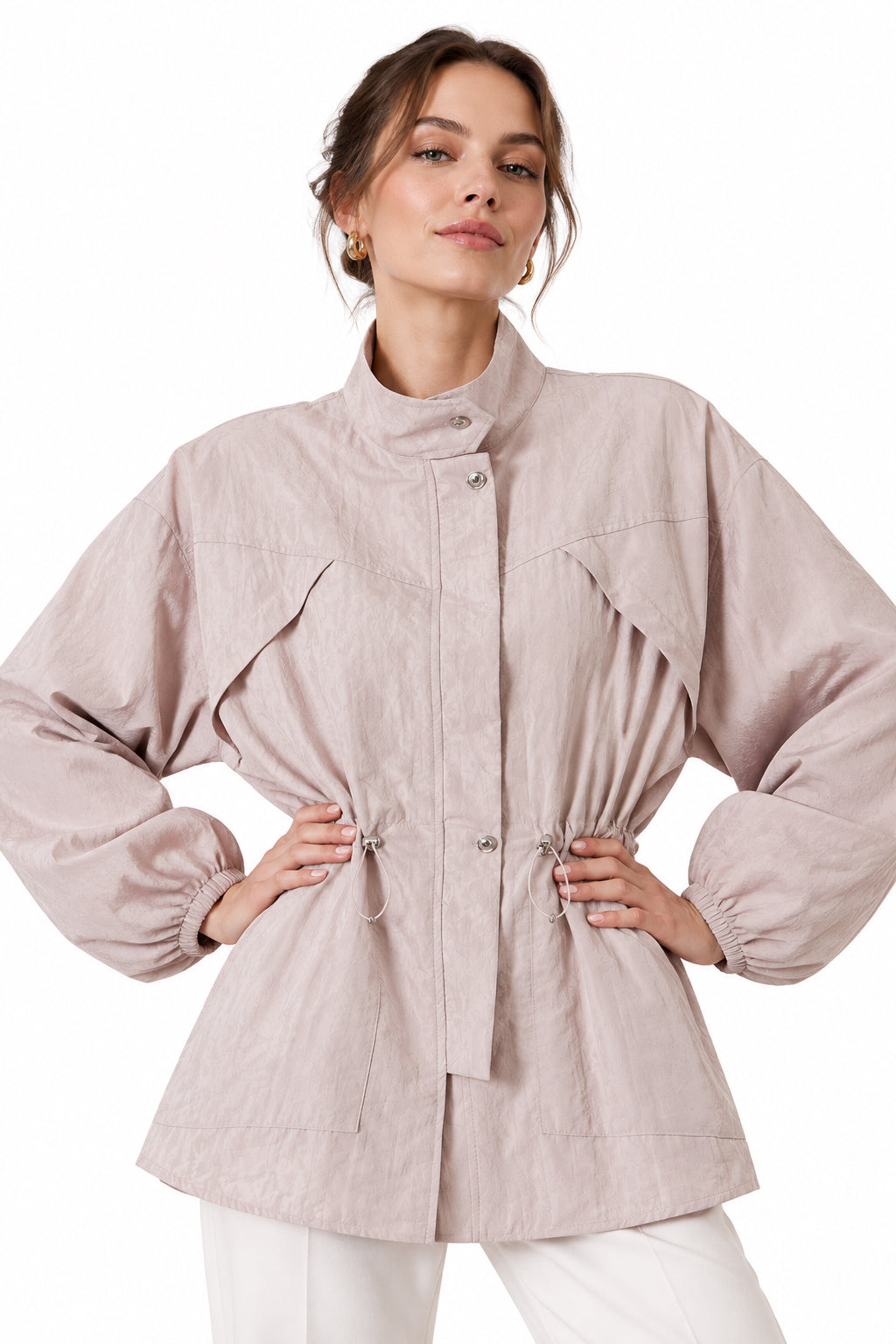 Dark Pink Drawstring-Waist Zip Jacket
