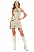 Khaki Stand-Collar Sleeveless Dress