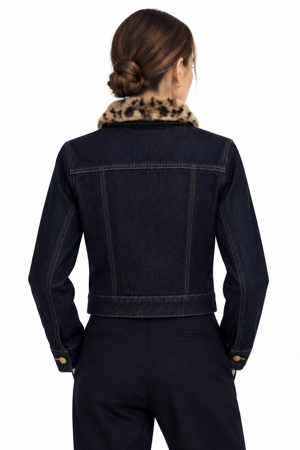 Dark Indigo Denim Jacket with Detachable Leopard Collar