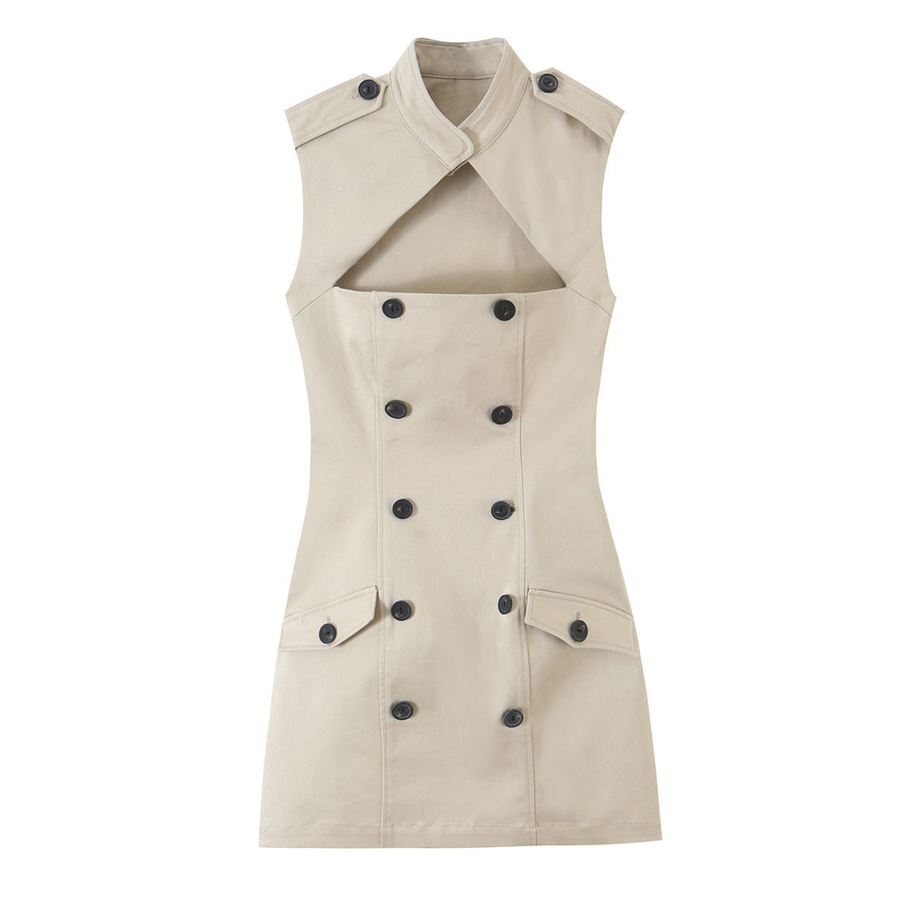 Khaki Stand-Collar Sleeveless Dress