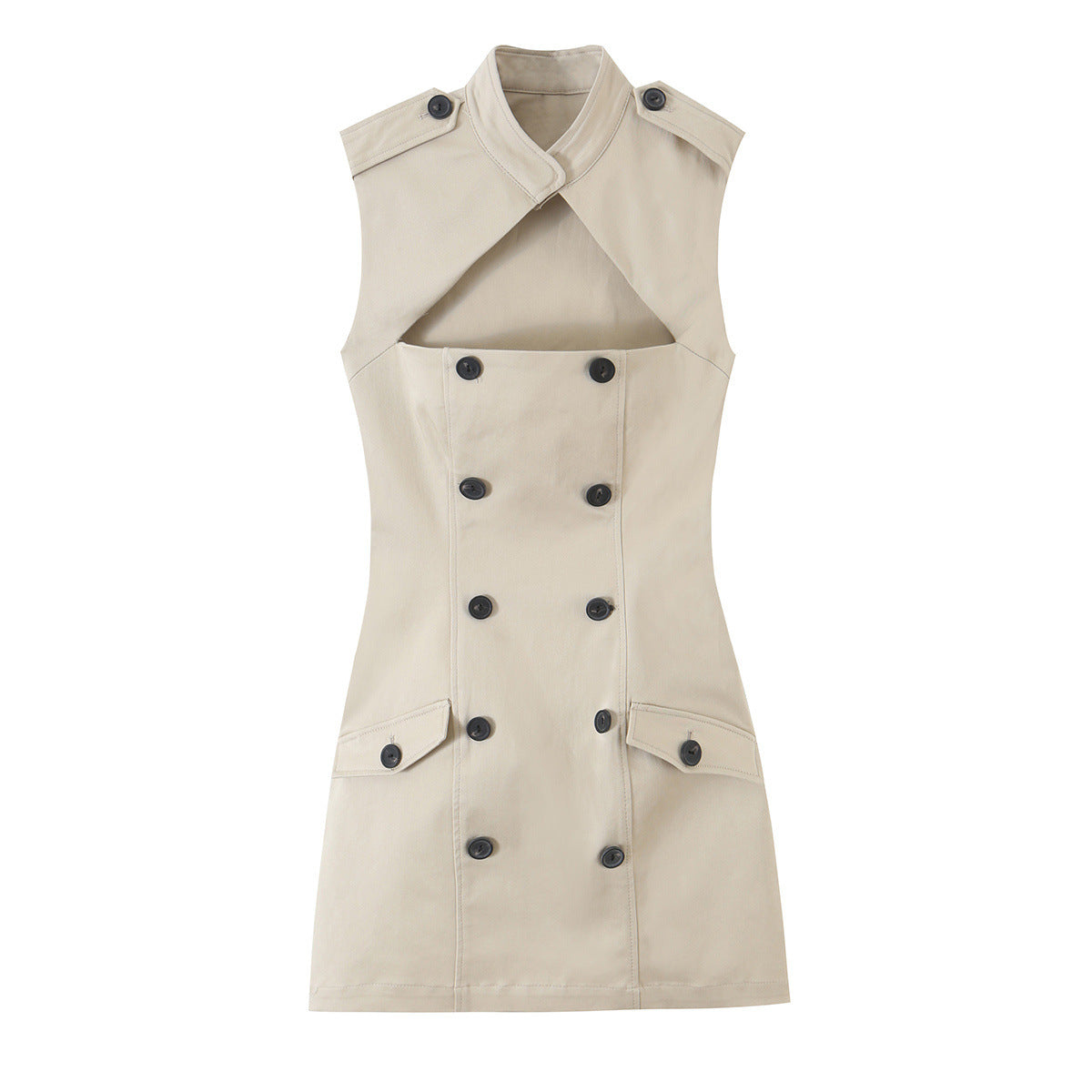 Khaki Stand-Collar Sleeveless Dress