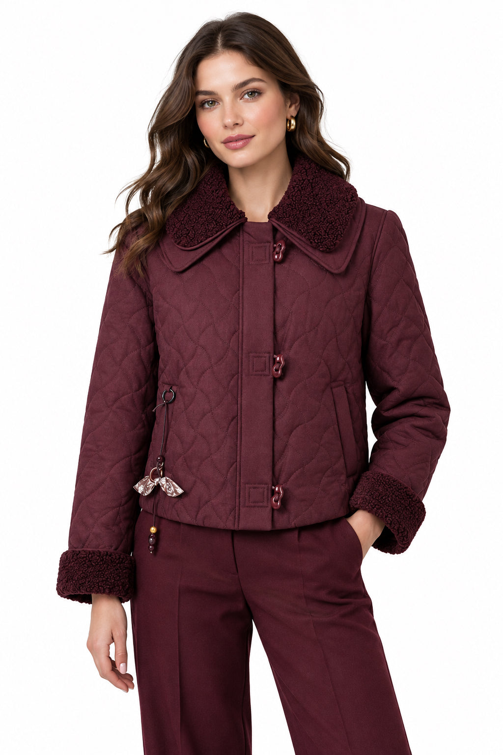 Lapel-Collar Zip Jacket in Burgundy or Reddish Brown