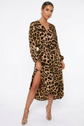 Leopard Print V-Neck Long-Sleeve Dress