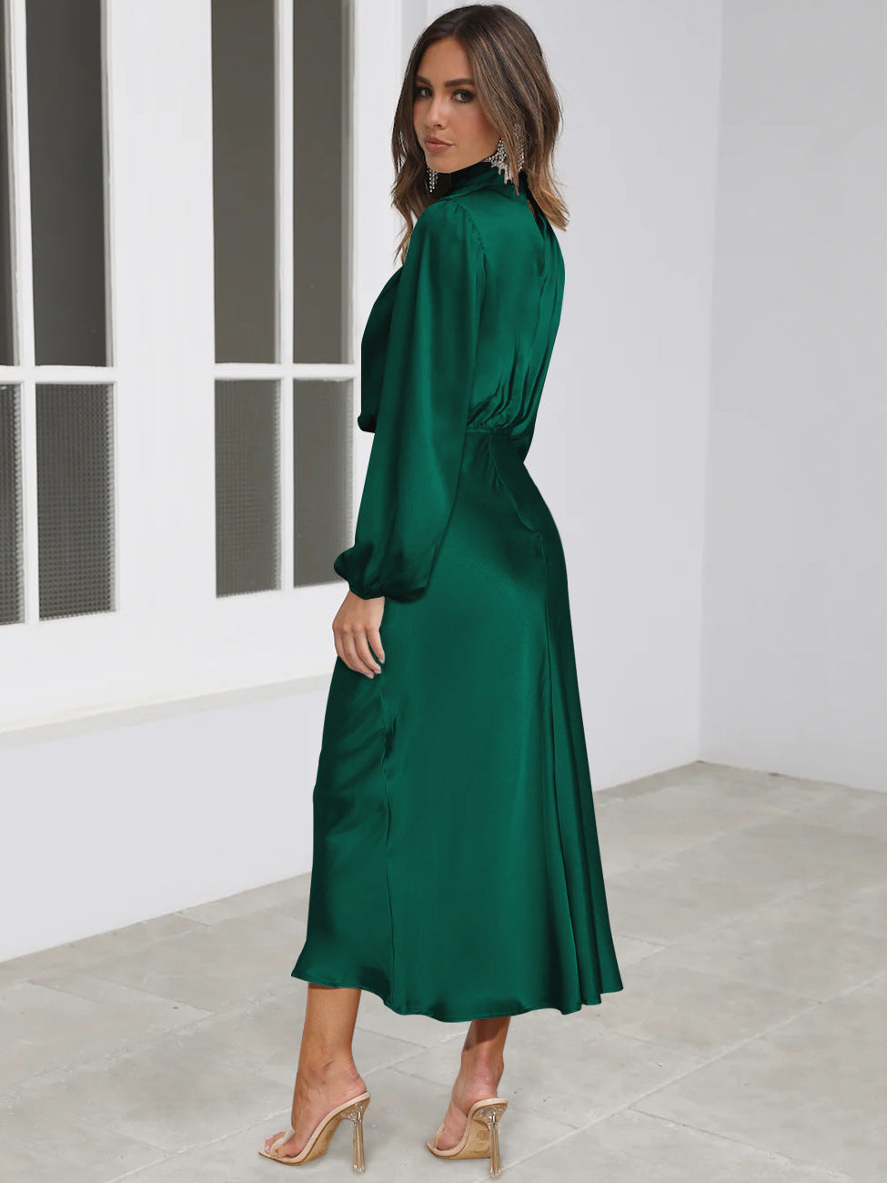 Satin Halter-Neck Long-Sleeve Evening Dress