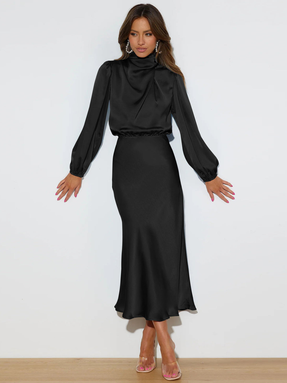 Satin Halter-Neck Long-Sleeve Evening Dress