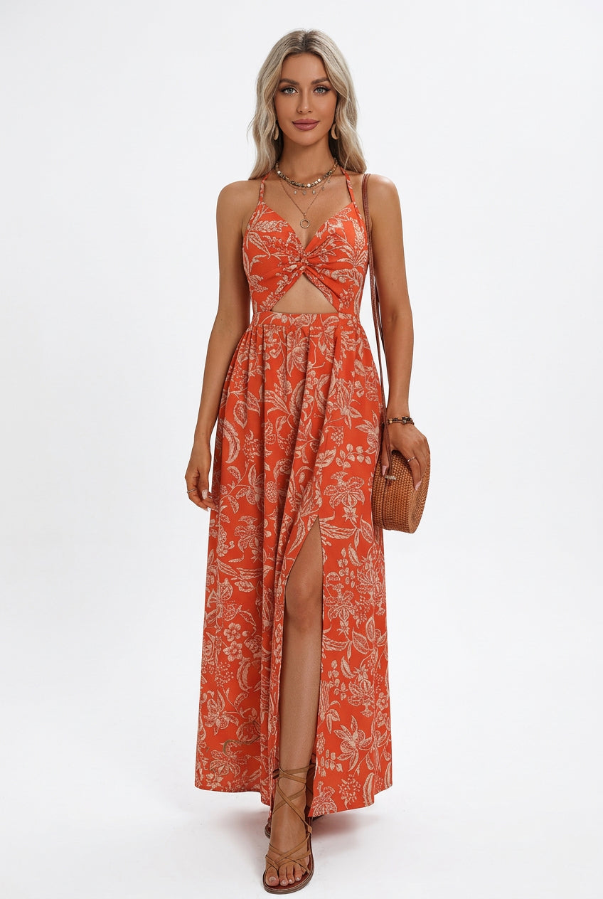Floral Twist-Front Cutout Tie-Back Dress