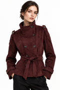 Dark Red Suede-Textured Belted Jacket