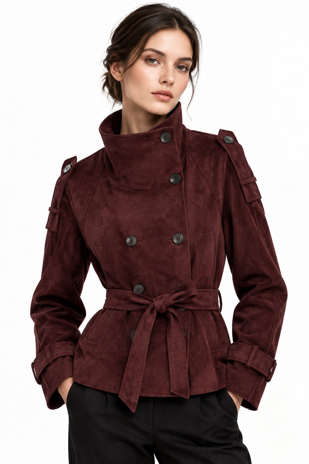 Dark Red Suede-Textured Belted Jacket