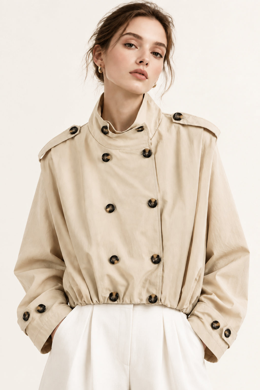 Beige Pleated Double-Breasted Jacket