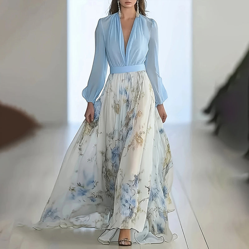 Deep V-Neck Floral Boho Maxi Dress with Long Sleeves