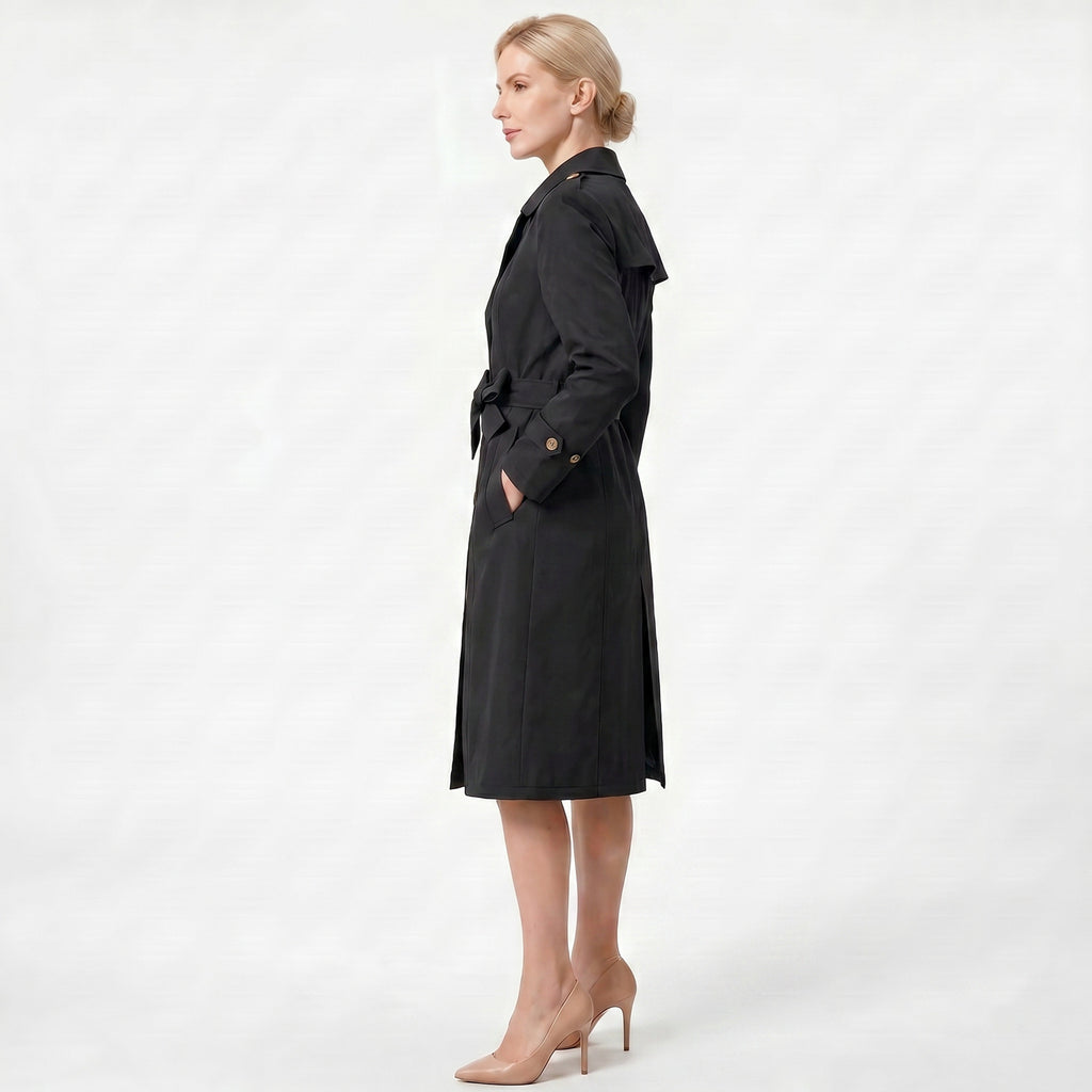 Waist-Cinched Double-Breasted Long Coat