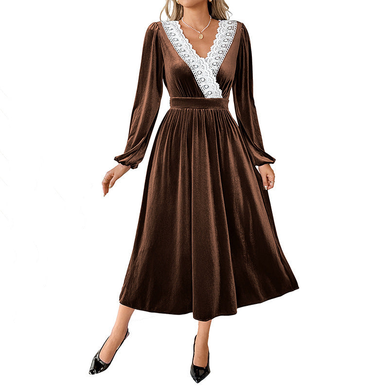 Patchwork Lace Long Sleeve V-Neck Velvet Maxi Dress
