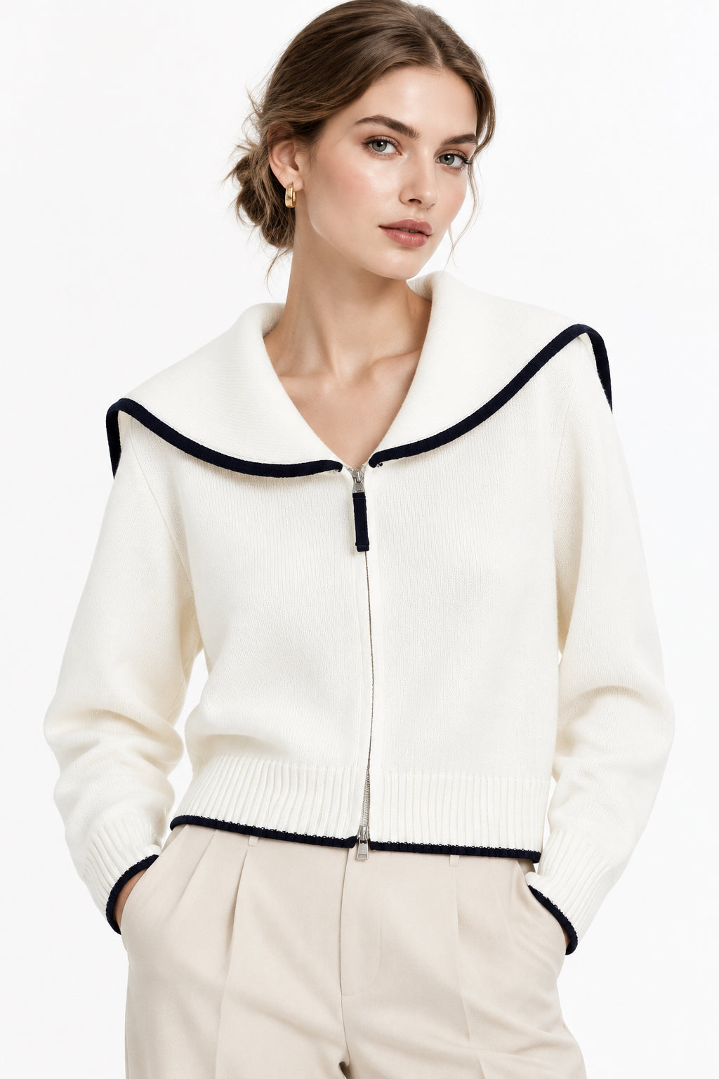 Color-Block Lapel Zip Knit Jacket
