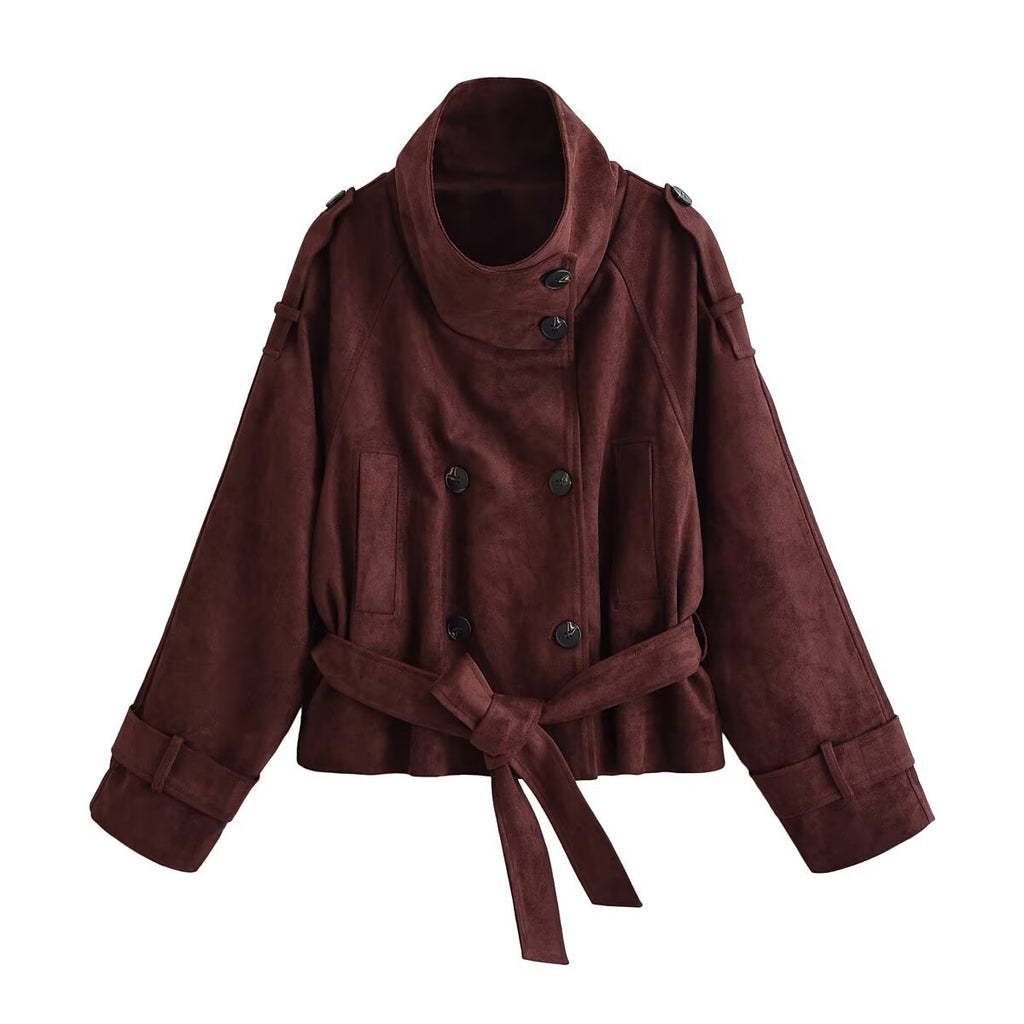 Wine Red Suede-Textured Belted Jacket