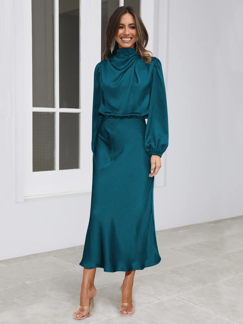 Satin Halter-Neck Long-Sleeve Evening Dress