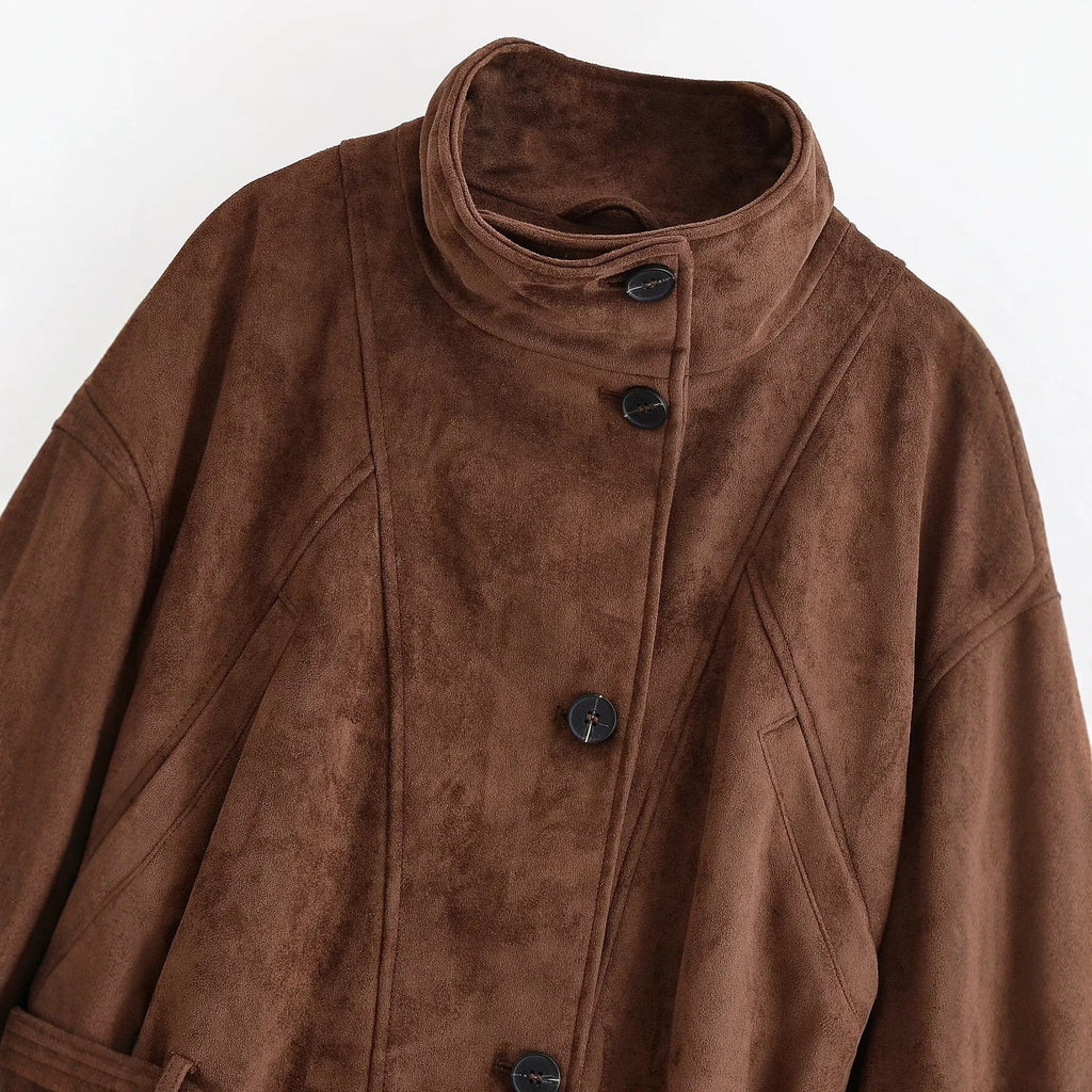 Chestnut Suede-Textured Button-Front Jacket