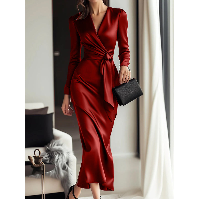 Burgundy Satin V-Neck Long-Sleeve Midi Dress