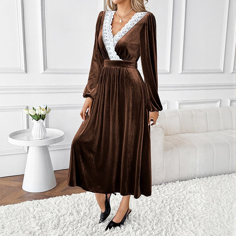 Patchwork Lace Long Sleeve V-Neck Velvet Maxi Dress