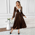 Patchwork Lace Long Sleeve V-Neck Velvet Maxi Dress