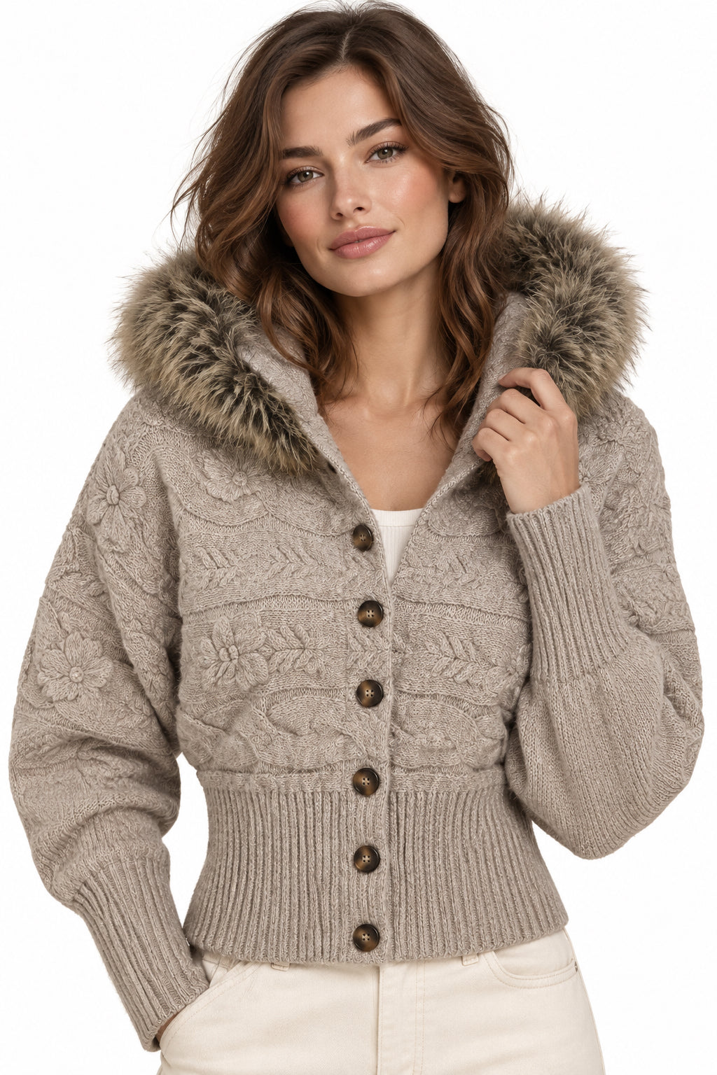 Light Brown Cable-Knit Hooded Cardigan