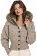 Light Brown Cable-Knit Hooded Cardigan