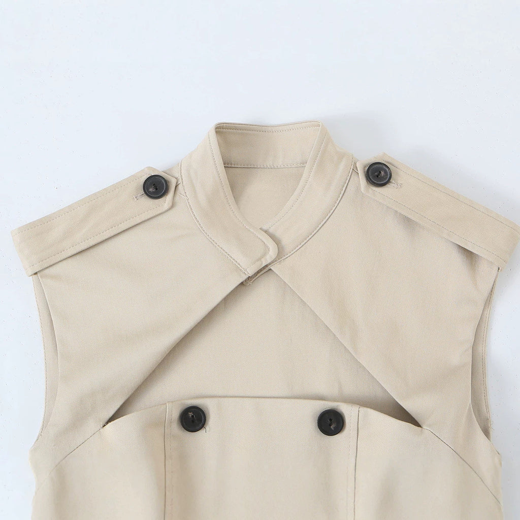 Khaki Stand-Collar Sleeveless Dress