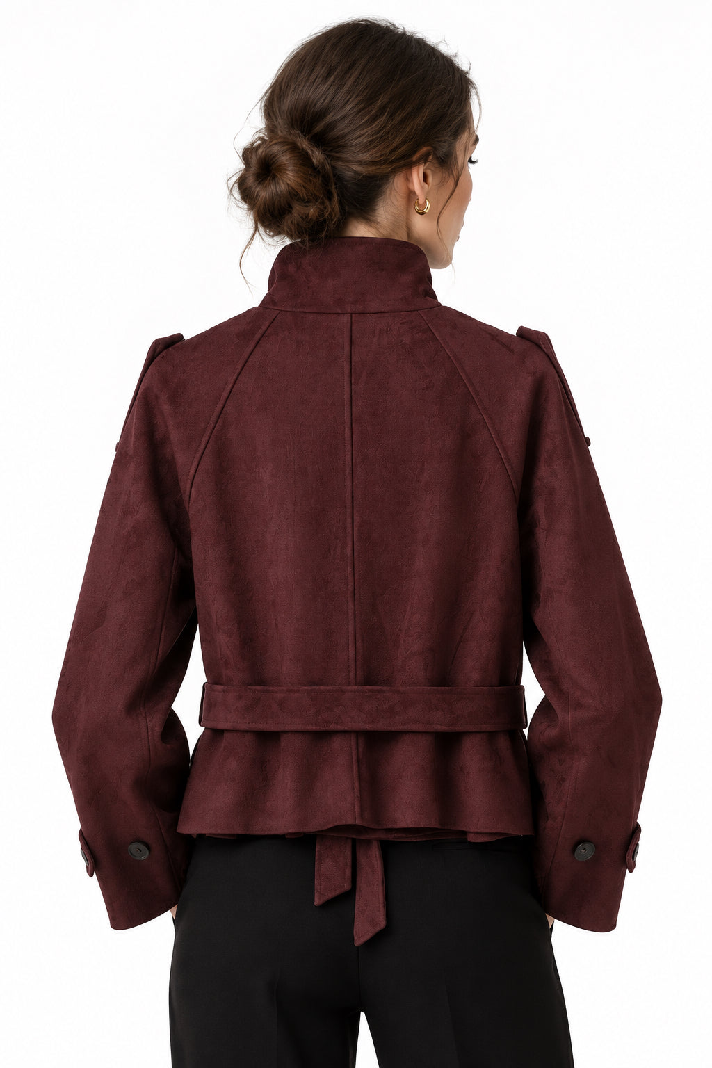 Dark Red Suede-Textured Belted Jacket