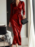 Burgundy Satin V-Neck Long-Sleeve Midi Dress