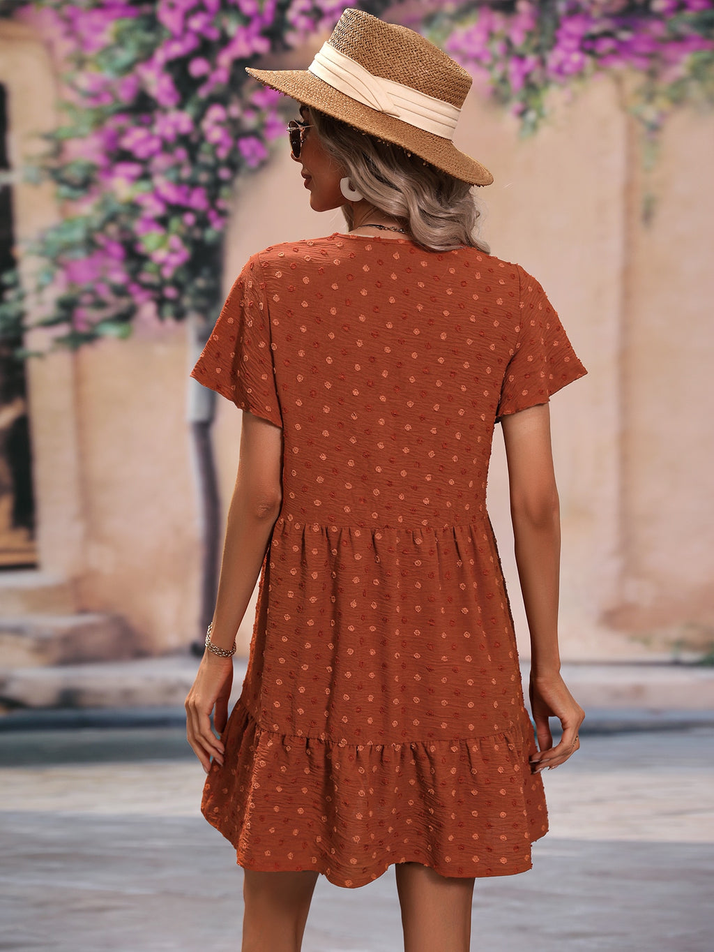 Dot Butterfly-Sleeve Ruffle Hem Smock Dress