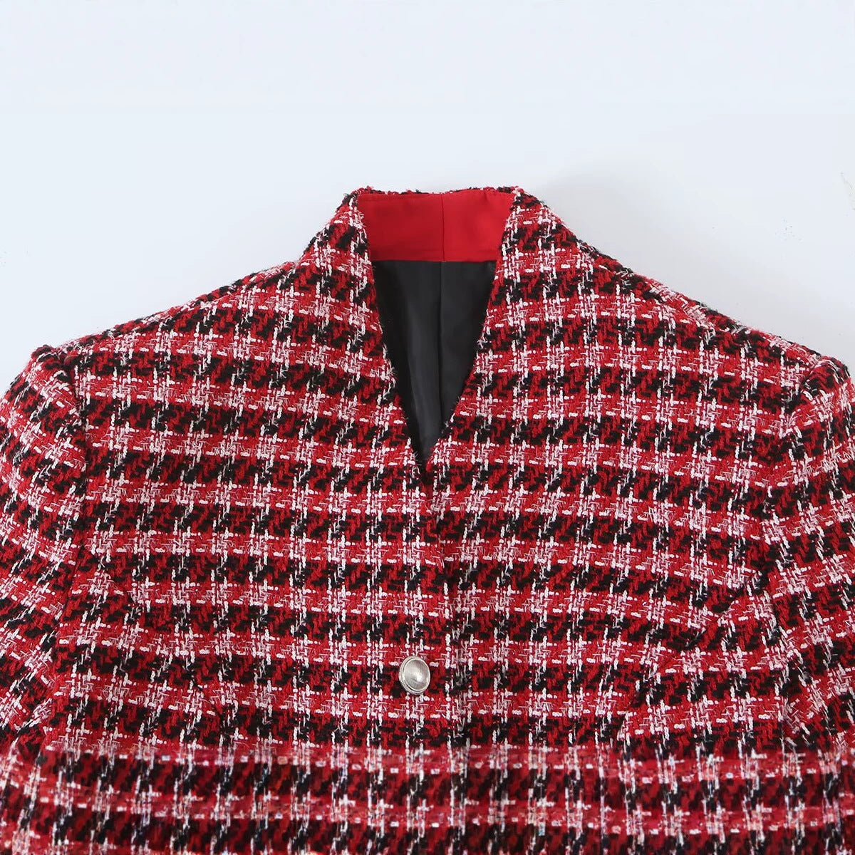 Plaid Tweed-Style Single-Breasted Blazer